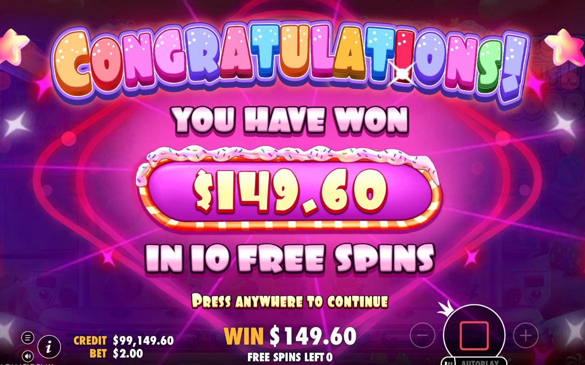 Win screen after a cluster pays on the 7x7 grid